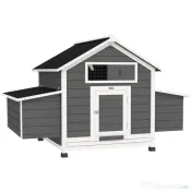 PawHut Coteț din Lemn pentru Exterior cu 2 Cuiburi de Ouă, Adăpost pentru Găini cu Tavă Detașabilă și Acoperiș din Asfalt, pentru 2-4 Găini, Gri | Aosom Romania 