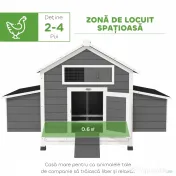 PawHut Coteț din Lemn pentru Exterior cu 2 Cuiburi de Ouă, Adăpost pentru Găini cu Tavă Detașabilă și Acoperiș din Asfalt, pentru 2-4 Găini, Gri | Aosom Romania 