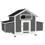 PawHut Coteț din Lemn pentru Exterior cu 2 Cuiburi de Ouă, Adăpost pentru Găini cu Tavă Detașabilă și Acoperiș din Asfalt, pentru 2-4 Găini, Gri