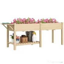 Outsunny Jardinieră Ridicată cu Măsuță Laterală și Raft pentru Unelte Inferior, din Lemn de Molid, 207x59x78 cm