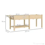 Outsunny Strat Înălțat de Grădină cu Masă Laterală, Raft Inferior și  Orificii de Drenaj, 207x59x78 cm, Lemn Natural | Aosom Romania 