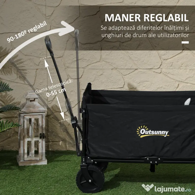 Outsunny Cărucior Pliabil pentru Grădină cu Roți și Mâner Reglabil, 90x48x62 cm, Negru | Aosom Romania