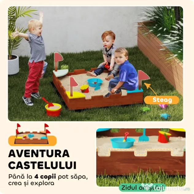 AIYAPLAY Ladă de nisip pentru copii 3-7 ani, în formă de castel, cu 4 locuri, din lemn de brad, 90x90x17 cm, multicolor