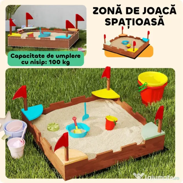 AIYAPLAY Ladă de nisip pentru copii 3-7 ani, în formă de castel, cu 4 locuri, din lemn de brad, 90x90x17 cm, multicolor