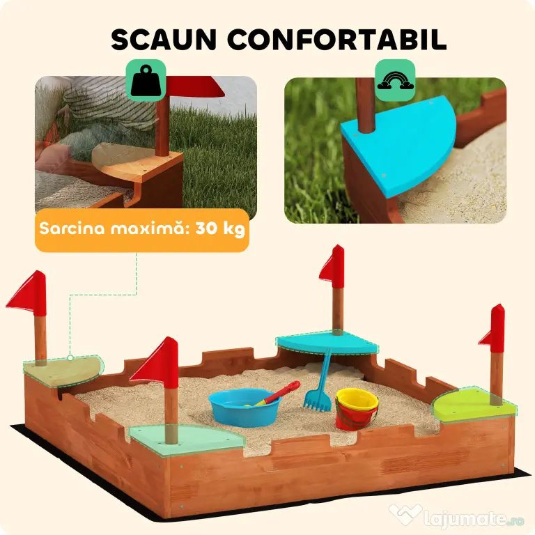 AIYAPLAY Ladă de nisip pentru copii 3-7 ani, în formă de castel, cu 4 locuri, din lemn de brad, 90x90x17 cm, multicolor