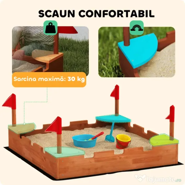 AIYAPLAY Ladă de nisip pentru copii 3-7 ani, în formă de castel, cu 4 locuri, din lemn de brad, 90x90x17 cm, multicolor