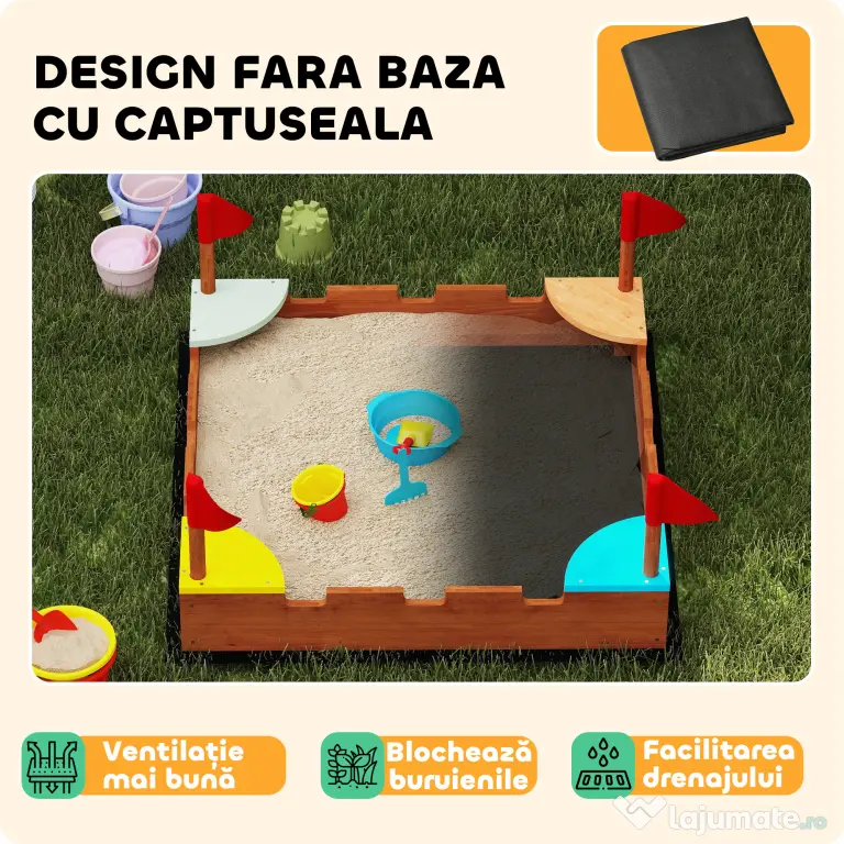 AIYAPLAY Ladă de nisip pentru copii 3-7 ani, în formă de castel, cu 4 locuri, din lemn de brad, 90x90x17 cm, multicolor