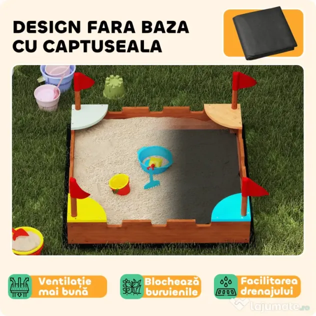 AIYAPLAY Ladă de nisip pentru copii 3-7 ani, în formă de castel, cu 4 locuri, din lemn de brad, 90x90x17 cm, multicolor