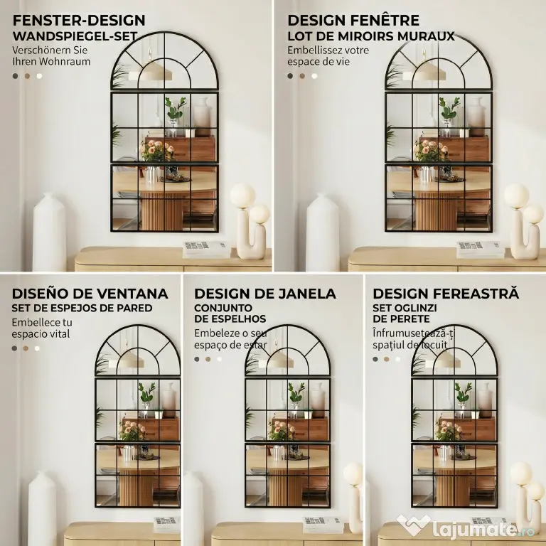 HOMCOM Oglindă de Perete Arcuită în Formă de Fereastră pentru Hol și Sufragerie cu 3 Agățători, 76x43 cm, Negru | Aosom Romania