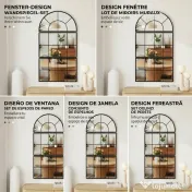 HOMCOM Oglindă de Perete Arcuită în Formă de Fereastră pentru Hol și Sufragerie cu 3 Agățători, 76x43 cm, Negru | Aosom Romania 