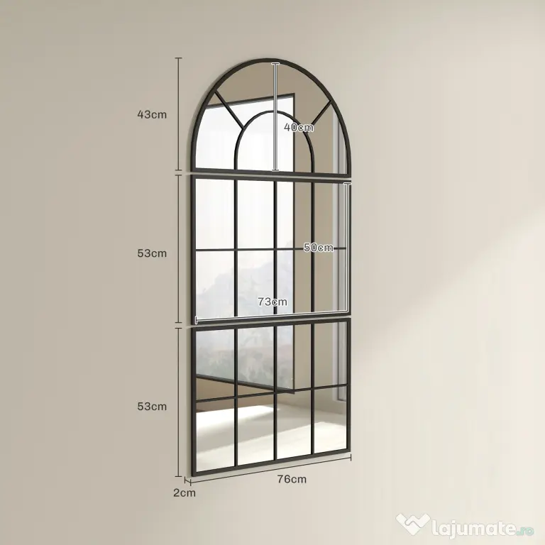 HOMCOM Oglindă de Perete cu Arcadă Stil Fereastră pentru Dormitor și Hol, 76x43 cm, Negru