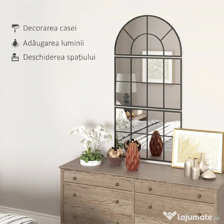 HOMCOM Oglindă de Perete cu Arcadă Stil Fereastră pentru Dormitor și Hol, 76x43 cm, Negru