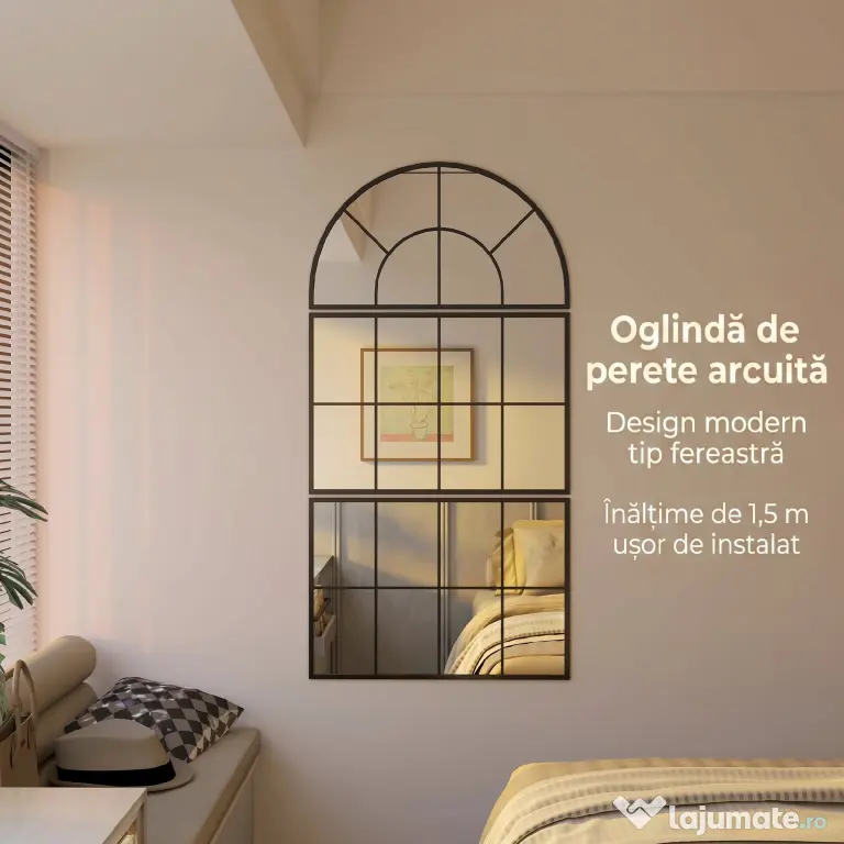 HOMCOM Oglindă de Perete cu Arcadă Stil Fereastră pentru Dormitor și Hol, 76x43 cm, Negru