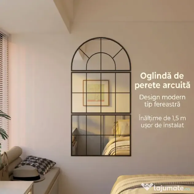 HOMCOM Oglindă de Perete cu Arcadă Stil Fereastră pentru Dormitor și Hol, 76x43 cm, Negru
