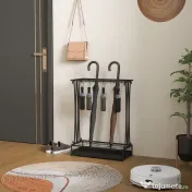 Suport de Umbrele HOMCOM cu Tavă pentru Apa, 21 de Orificii și 24 de Cârlige pentru Umbrelă, din Oțel, 50x24x68 cm, Negru