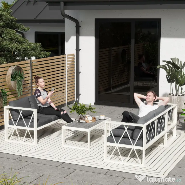 Outsunny Set Mobilier de Grădină din 4 Piese cu 2 Canapele, Fotoliu Reglabil și Măsuță de Cafea, 121x61x62 cm, Gri | Aosom Romania