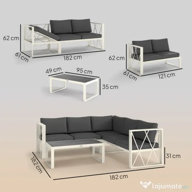 Outsunny Set Mobilier de Grădină din 4 Piese cu 2 Canapele, Fotoliu Reglabil și Măsuță de Cafea, 121x61x62 cm, Gri | Aosom Romania