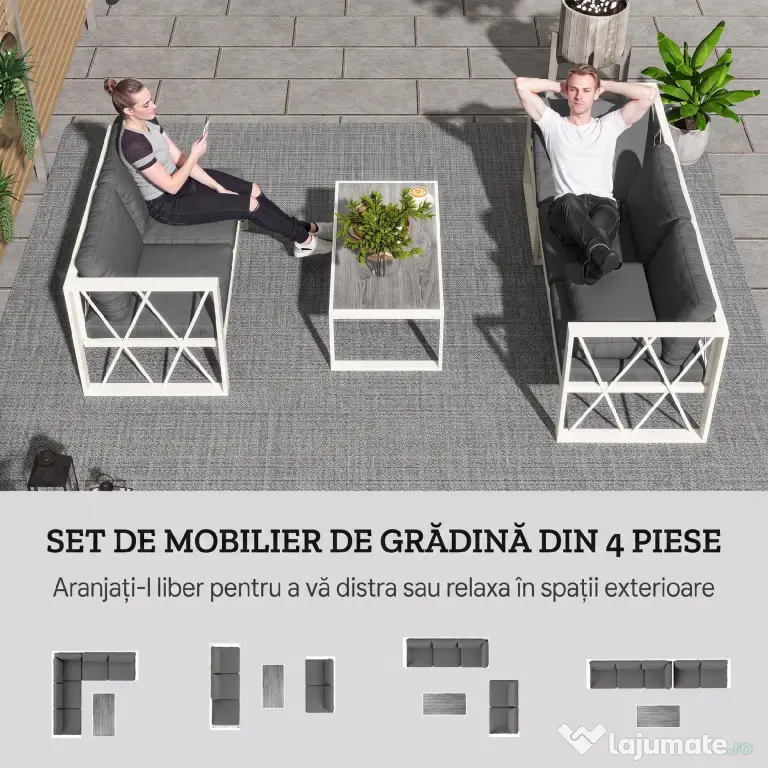 Outsunny Set Mobilier de Grădină din 4 Piese cu 2 Canapele, Fotoliu Reglabil și Măsuță de Cafea, 121x61x62 cm, Gri | Aosom Romania