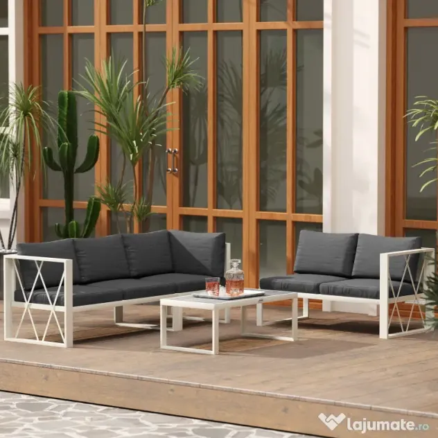Outsunny Set Mobilier de Grădină din 4 Piese cu 2 Canapele, Fotoliu Reglabil și Măsuță de Cafea, 121x61x62 cm, Gri | Aosom Romania
