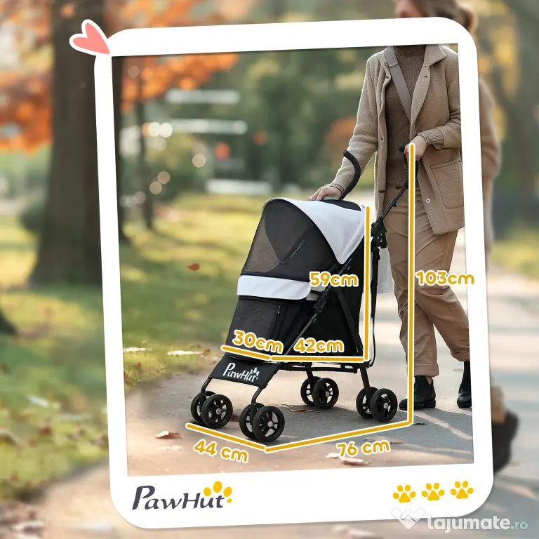 PawHut Cărucior Pliabil pentru Câini de Talie Mică cu Lese, Geantă și Suport pentru Pahare, 76x44x103 cm, Gri | Aosom Romania