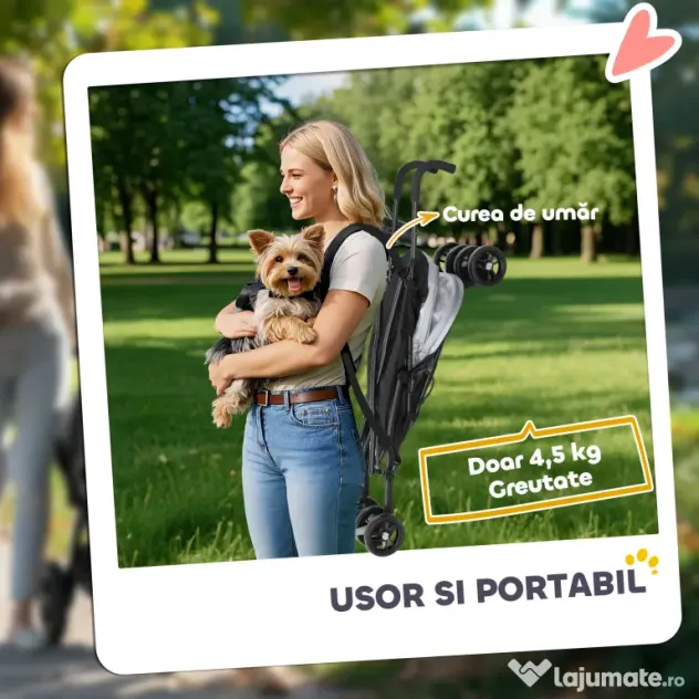 PawHut Cărucior Pliabil pentru Câini de Talie Mică cu Lese, Geantă și Suport pentru Pahare, 76x44x103 cm, Gri | Aosom Romania