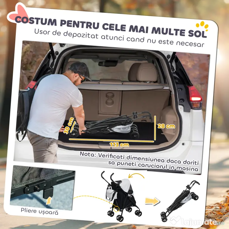 PawHut Cărucior Pliabil pentru Câini de Talie Mică cu Lese, Geantă și Suport pentru Pahare, 76x44x103 cm, Gri | Aosom Romania