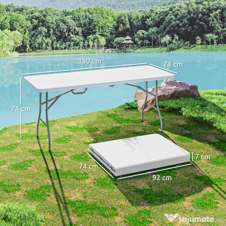 Outsunny Masă de Camping Pliabilă cu Mâner, Cadru Metalic și Blat din Plastic, 180x74x74 cm, Alb | Aosom Romania
