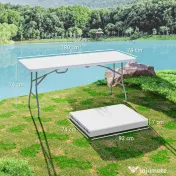 Outsunny Masă de Camping Pliabilă cu Mâner, Cadru Metalic și Blat din Plastic, 180x74x74 cm, Alb 