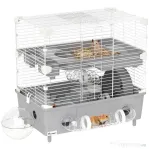 PawHut Cușcă pentru Hamsteri cu 2 Niveluri și 3 Uși, cu Roată și Tuburi, din Oțel, PS și PP, 44.5x28x44 cm, Gri și Alb