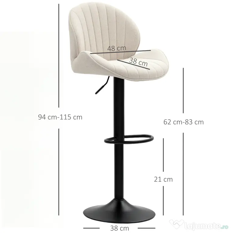HOMCOM Set de 2 Scaune de Bar cu Suport pentru Picioare, din Țesătură cu Efect de Cinilie, 48x50x94-115 cm, Negru și Bej | Aosom Romania