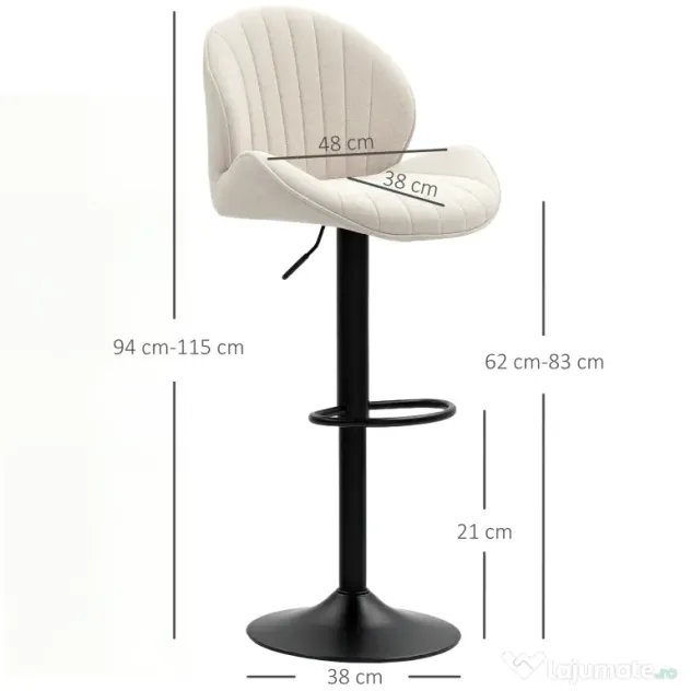 HOMCOM Set de 2 Scaune de Bar cu Suport pentru Picioare, din Țesătură cu Efect de Cinilie, 48x50x94-115 cm, Negru și Bej | Aosom Romania