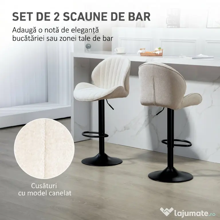 HOMCOM Set de 2 Scaune de Bar cu Suport pentru Picioare, din Țesătură cu Efect de Cinilie, 48x50x94-115 cm, Negru și Bej | Aosom Romania