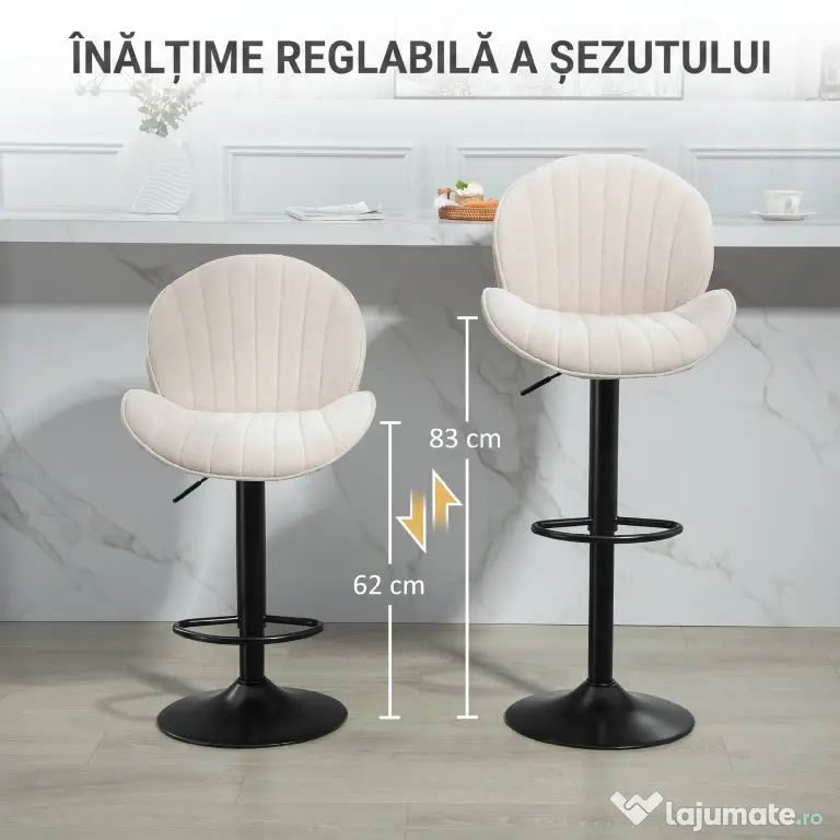 HOMCOM Set de 2 Scaune de Bar cu Suport pentru Picioare, din Țesătură cu Efect de Cinilie, 48x50x94-115 cm, Negru și Bej | Aosom Romania
