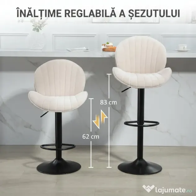 HOMCOM Set de 2 Scaune de Bar cu Suport pentru Picioare, din Țesătură cu Efect de Cinilie, 48x50x94-115 cm, Negru și Bej | Aosom Romania