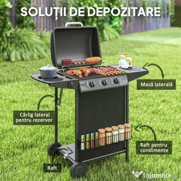 Outsunny Grătar pe Gaz cu 4 Arzătoare Independente și Capac cu Termometru, 108x54x97 cm, Negru
