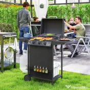 Outsunny Grătar pe Gaz cu Capac, Termometru, Masă Laterală și Tavă pentru Colectarea Grăsimii, 108x54x97 cm, Negru | Aosom Romania 
