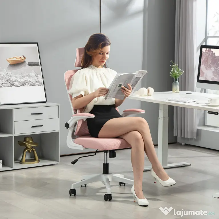 Vinsetto Scaun de Birou Ergonomic cu Tetieră Detașabilă Roz | Aosom Romania
