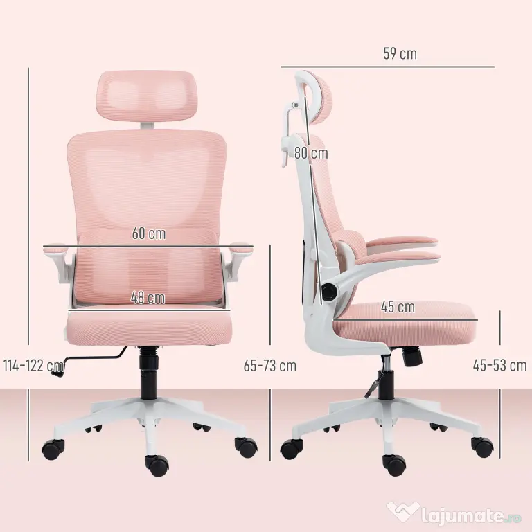 Vinsetto Scaun de Birou Ergonomic cu Tetieră Detașabilă Roz | Aosom Romania