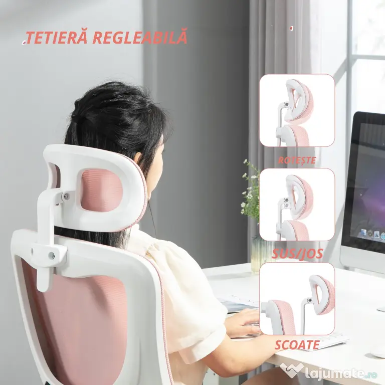 Vinsetto Scaun de Birou Ergonomic cu Tetieră Detașabilă Roz | Aosom Romania