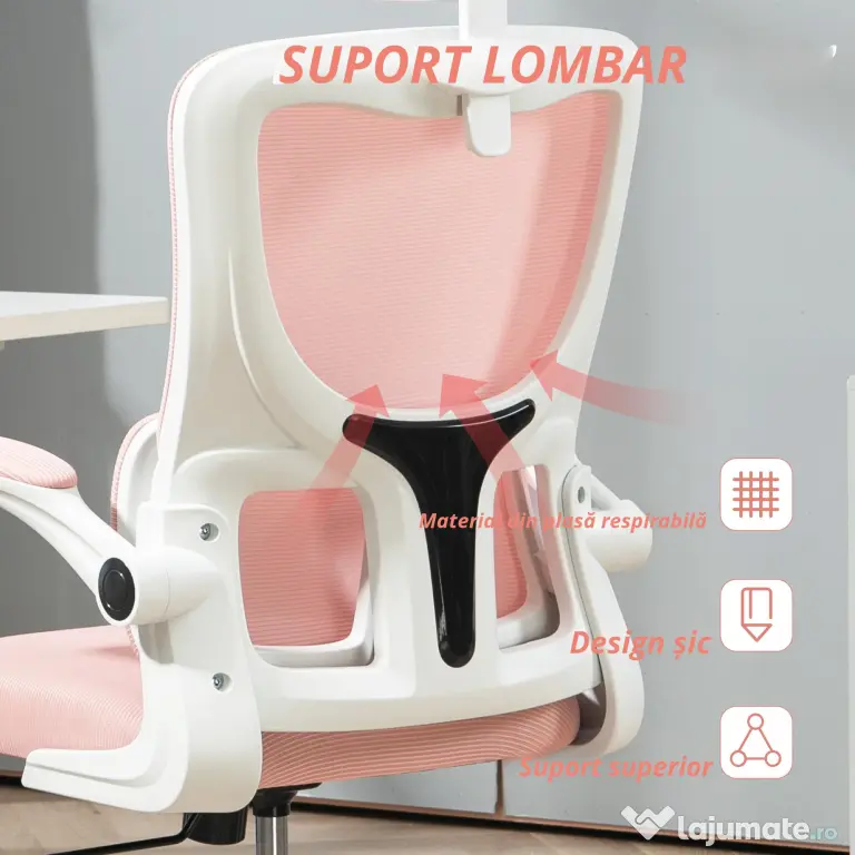 Vinsetto Scaun de Birou Ergonomic cu Tetieră Detașabilă Roz | Aosom Romania