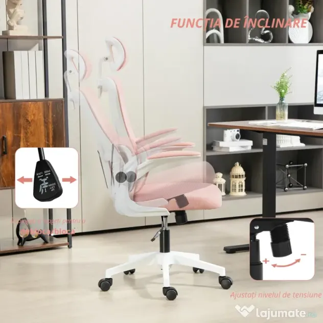Vinsetto Scaun de Birou Ergonomic cu Tetieră Detașabilă Roz | Aosom Romania