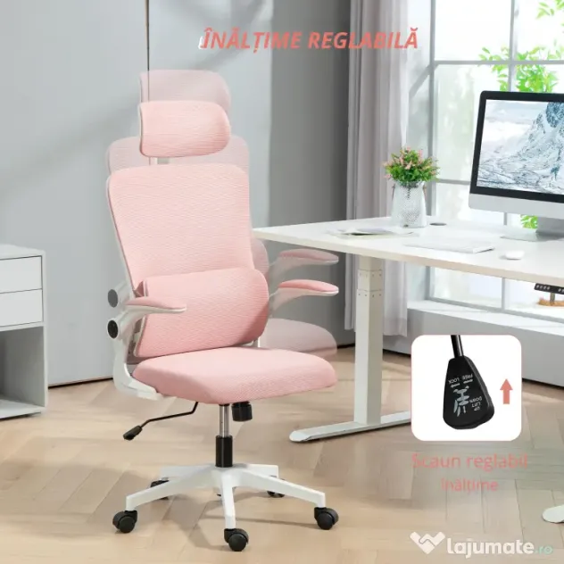 Vinsetto Scaun de Birou Ergonomic cu Tetieră Detașabilă Roz | Aosom Romania