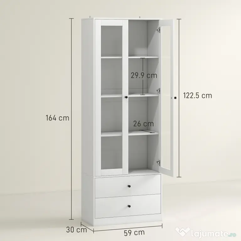 HOMCOM Dulap de Bucătărie cu Uși din Sticlă, 2 Sertare și Rafturi Reglabile Alb | Aosom Romania