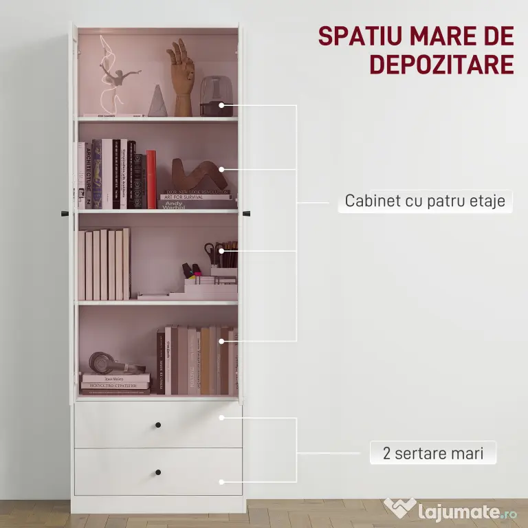 HOMCOM Dulap de Bucătărie cu Uși din Sticlă, 2 Sertare și Rafturi Reglabile Alb | Aosom Romania