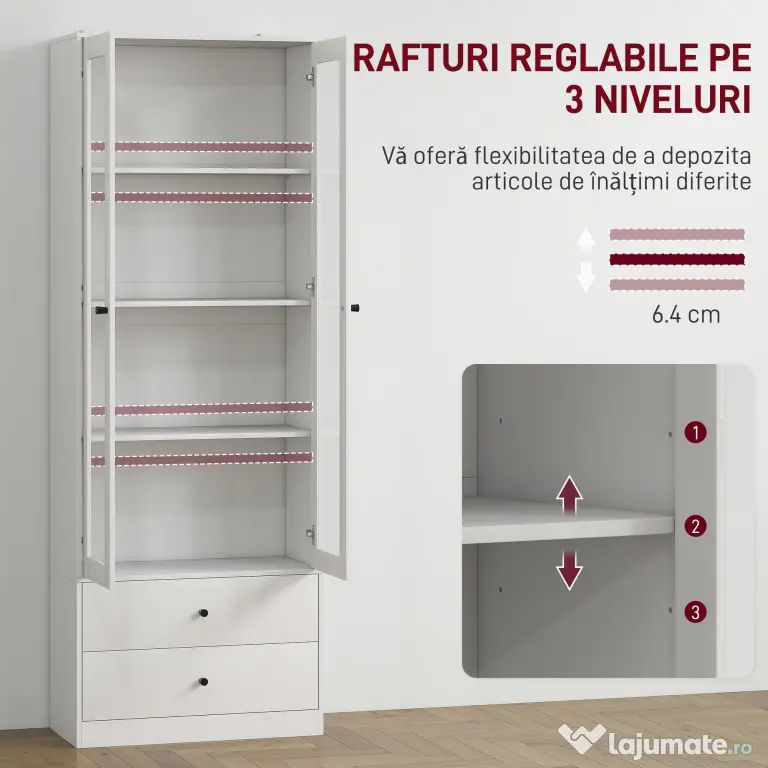 HOMCOM Dulap de Bucătărie cu Uși din Sticlă, 2 Sertare și Rafturi Reglabile Alb | Aosom Romania