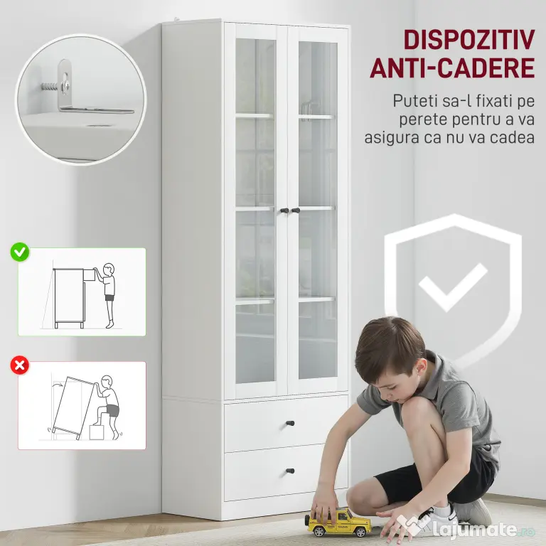 HOMCOM Dulap de Bucătărie cu Uși din Sticlă, 2 Sertare și Rafturi Reglabile Alb | Aosom Romania