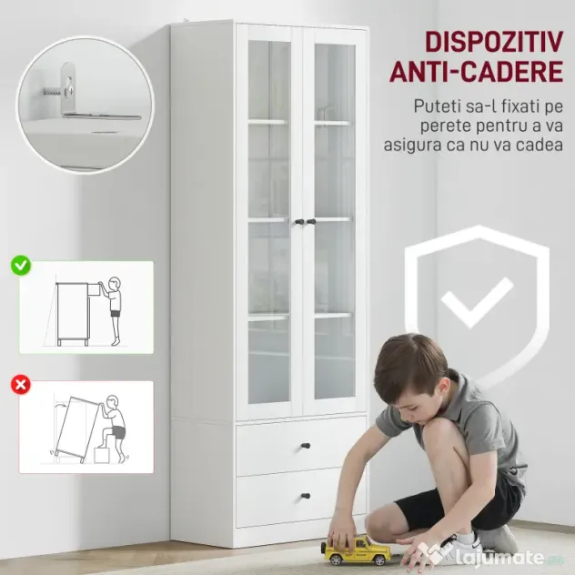 HOMCOM Dulap de Bucătărie cu Uși din Sticlă, 2 Sertare și Rafturi Reglabile Alb | Aosom Romania