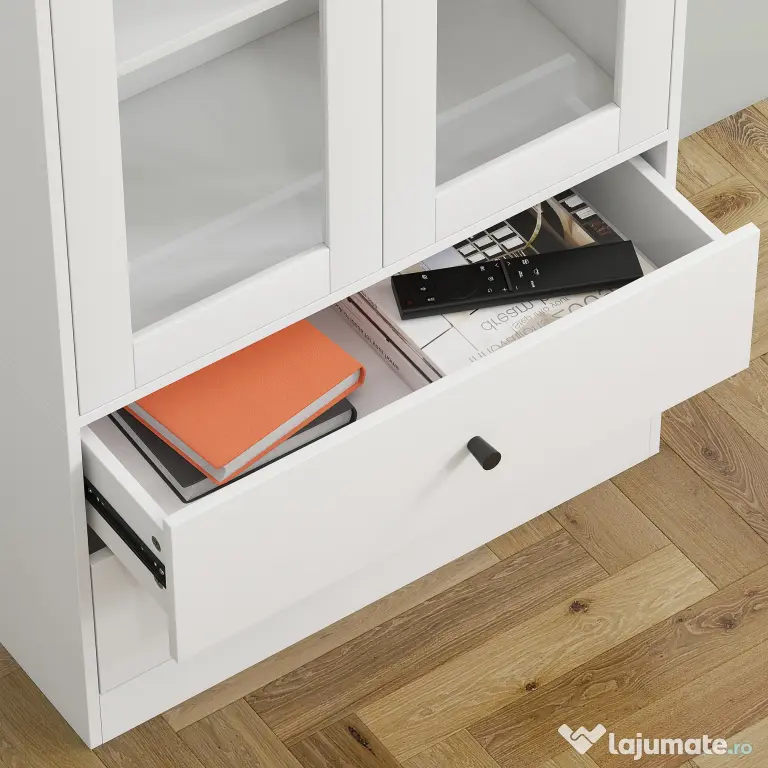 HOMCOM Dulap de Bucătărie cu Uși din Sticlă, 2 Sertare și Rafturi Reglabile Alb | Aosom Romania