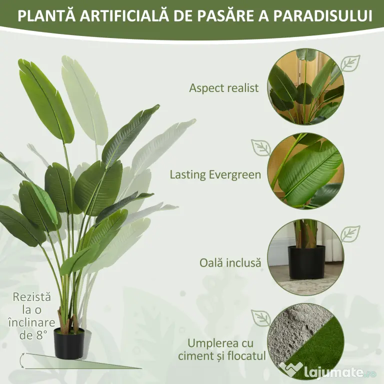 Plantă Artificială HOMCOM de 160 cm cu 10 Frunze Verzi din PEVA și Vas de Ø16.5x13.5 cm