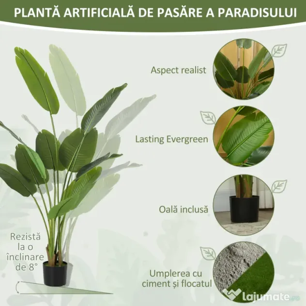 Plantă Artificială HOMCOM de 160 cm cu 10 Frunze Verzi din PEVA și Vas de Ø16.5x13.5 cm